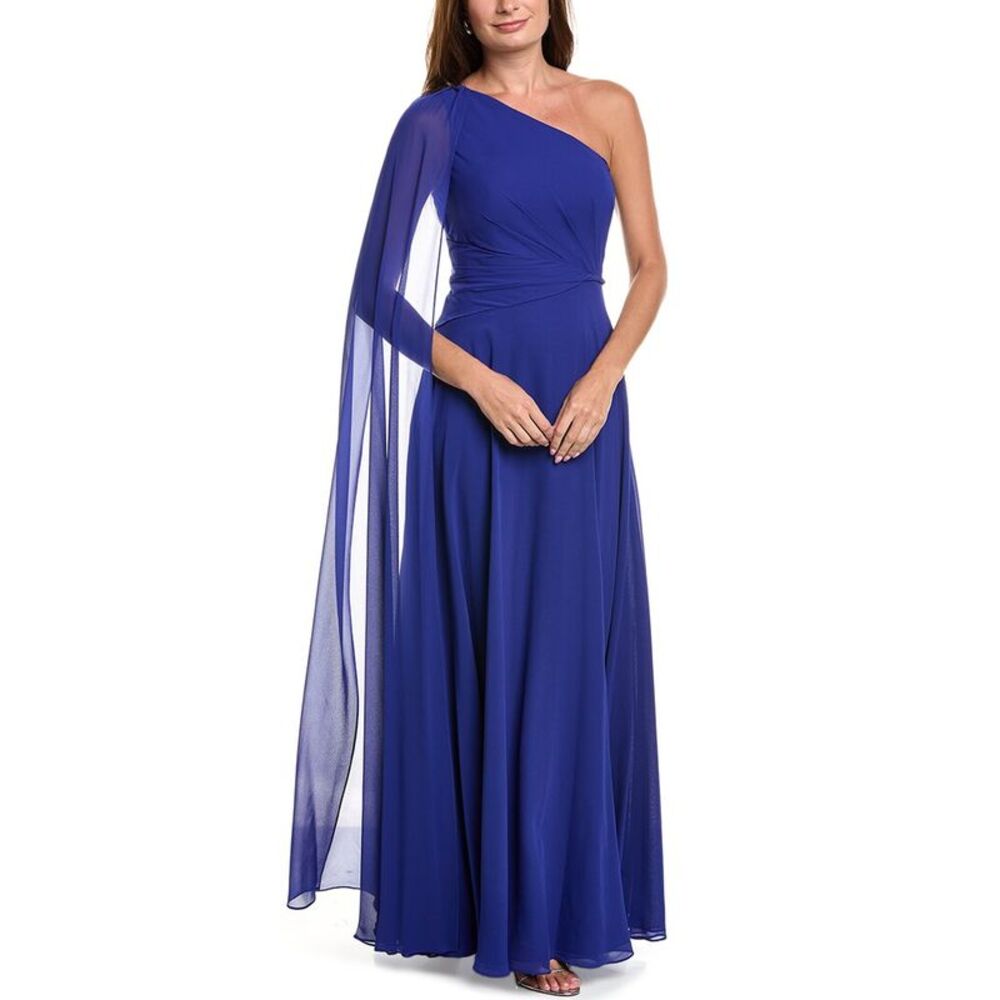 Teri Jon By Rickie Freeman Womens Chiffon One-Shoulder Drape Gown, Blue